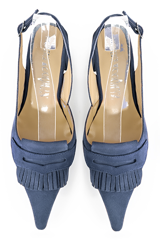 Denim blue women's slingback shoes. Pointed toe. Medium block heels. Top view - Florence KOOIJMAN